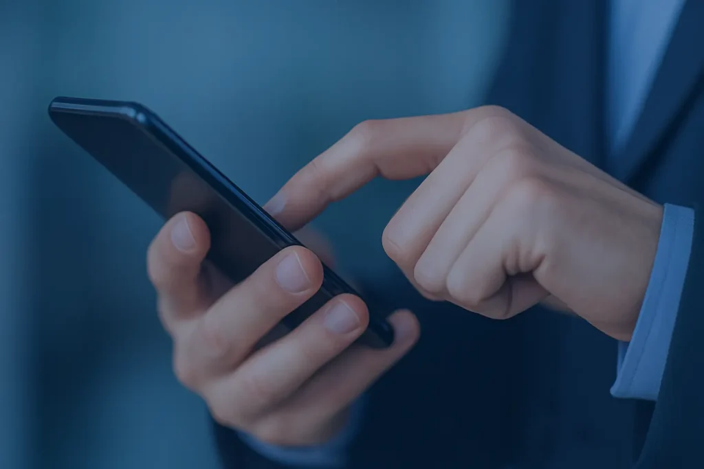 Close-up of a professional using a smartphone to contact CAYLON Group